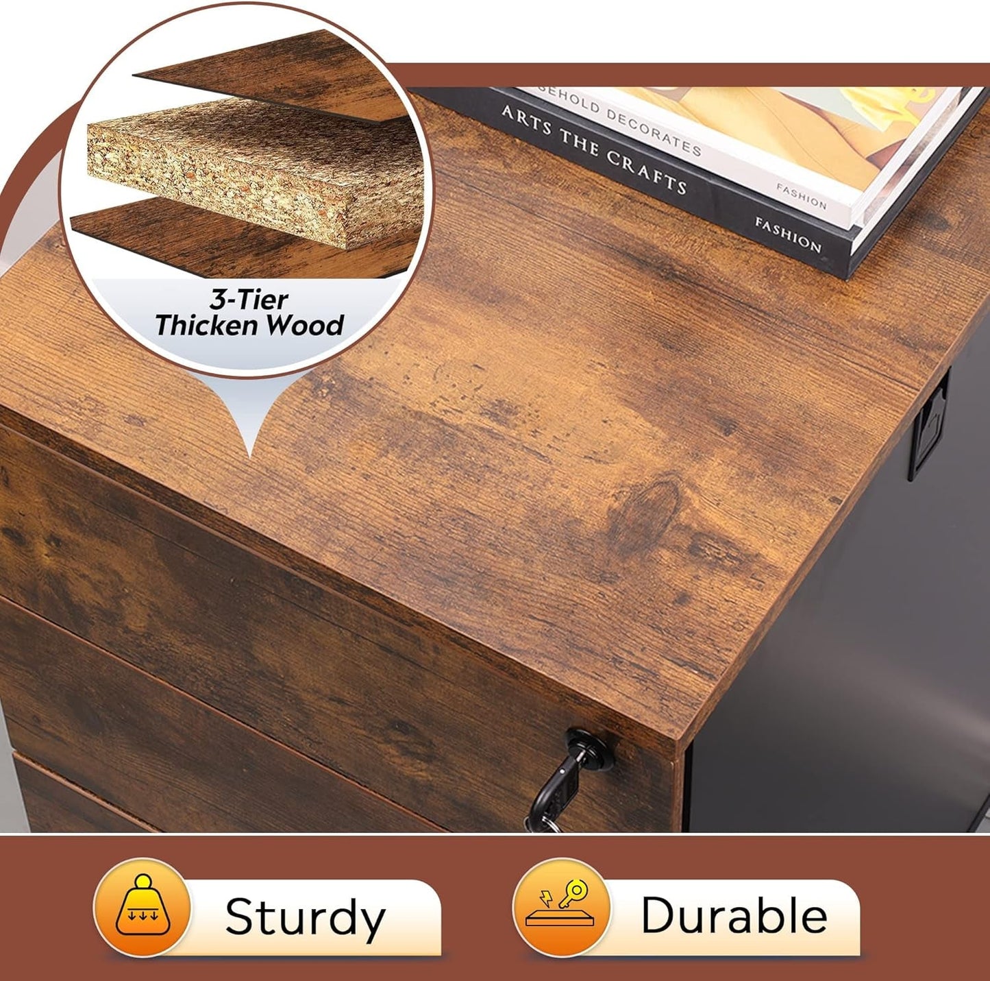 3 Drawer Rolling File Cabinet with Lock, Wood under Desk Filing Cabinet Fits Letter/Legal/A4 Size for Home Office, Rustic Brown-3