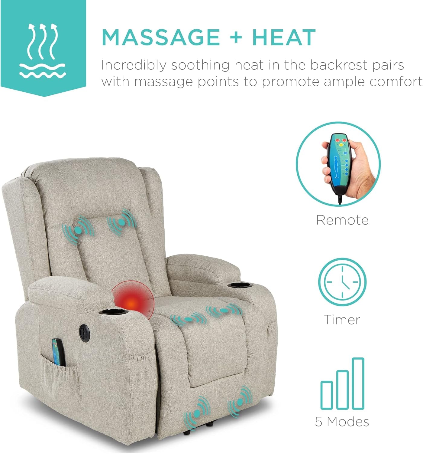 Modern Linen Electric Power Lift Chair, Recliner Massage Chair, Adjustable Furniture for Back, Legs W/ 3 Positions, USB Port, Heat, Cupholders, Easy-To-Reach Button - Greige-4
