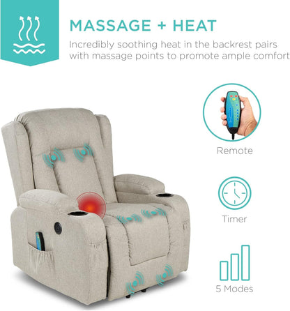 Modern Linen Electric Power Lift Chair, Recliner Massage Chair, Adjustable Furniture for Back, Legs W/ 3 Positions, USB Port, Heat, Cupholders, Easy-To-Reach Button - Greige-4