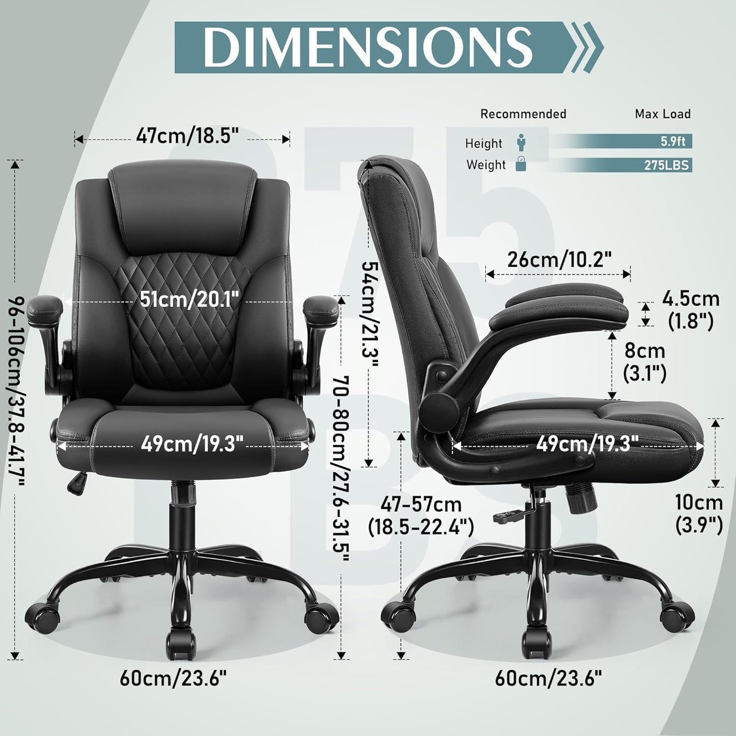 Leather Office Chair, PU Home Computer Desk Chairs with Ergonomic Back Support, 360°Swivel Free，Small Gmaing Chair with Wheels and Adjustable Armrests, for Short People Use, Black-2