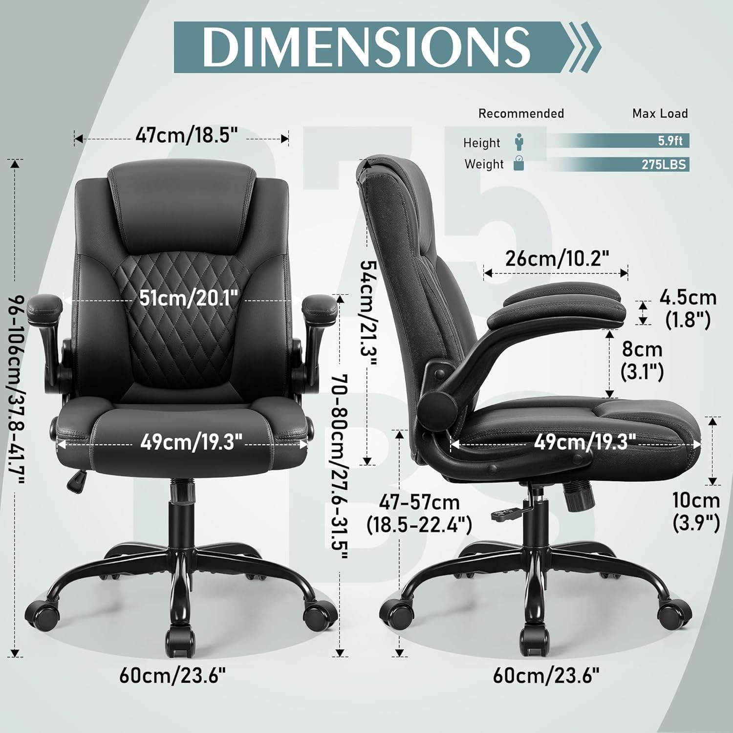 Leather Office Chair, PU Home Computer Desk Chairs with Ergonomic Back Support, 360°Swivel Free，Small Gmaing Chair with Wheels and Adjustable Armrests, for Short People Use, Black-2