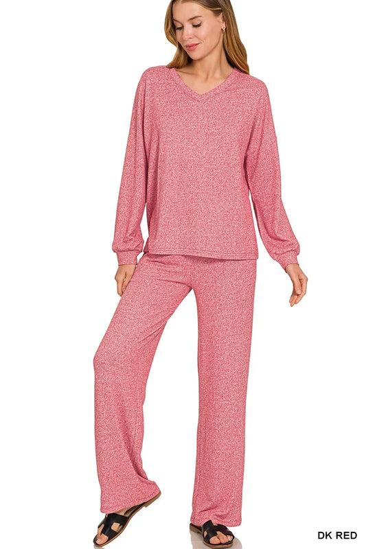 Zenana Soft Melange Long Sleeve Tee & Pants Set