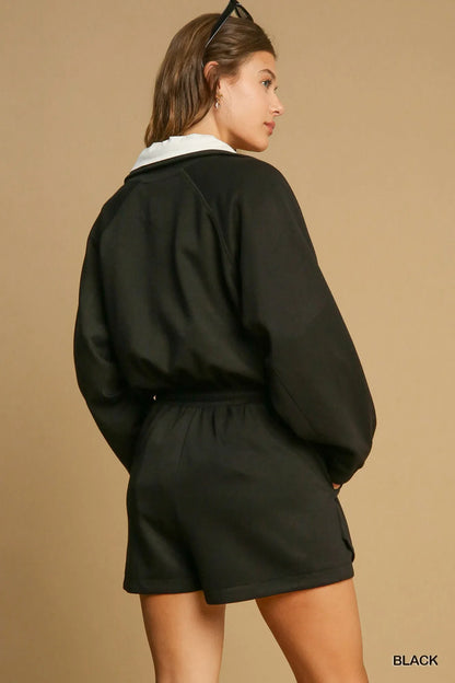 Umgee Half Zip Romper with Drawstring Waist