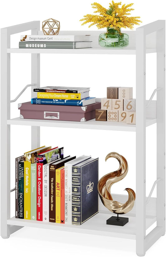 Book Shelf Small Bookshelf - 3-Tier Wood Bookcase Industrial Bookshelf Metal Narrow Bookcase Storage Organizer Display Rack for Bedroom Living Room Home Office (White)-0