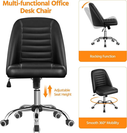 PU Leather Armless Office Chair, Mid Back Desk Chair,Computer Task Chair, Modern Vanity Chair with Rolling Wheels, Metal Base Black-4