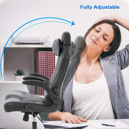PC Gaming Chair Ergonomic Office Chair Desk Chair with Lumbar Support Flip up Arms Headrest PU Leather Executive High Back Computer Chair for Adults Women Men (Grey)-3
