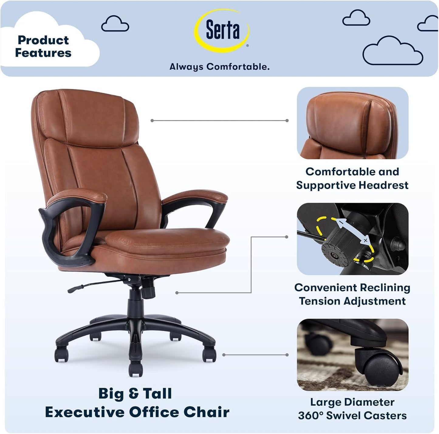 Fairbanks Big and Tall High Back Executive Office Chair, Ergonomic Gaming Computer Chair with Layered Body Pillows, Contoured Lumbar Zone, Cognac-3