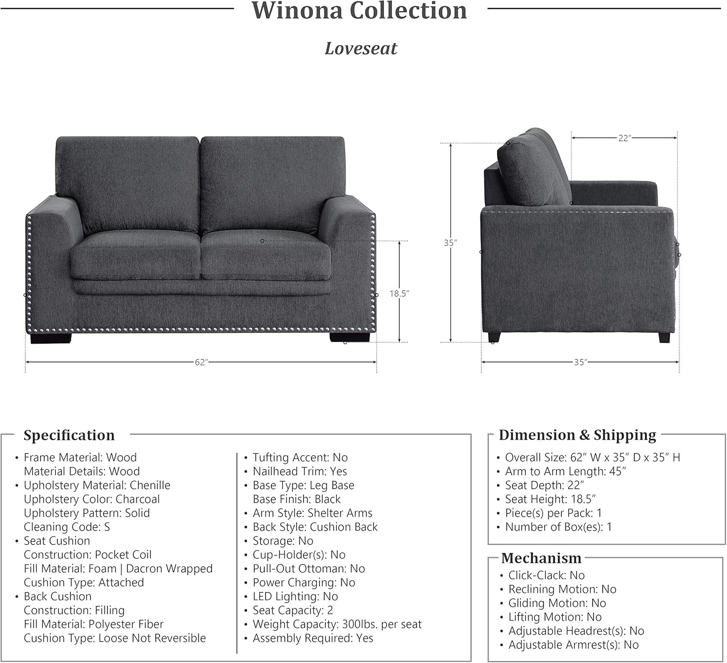 Living Room Furniture Set, Modern Couches for Living Room, Chenille Upholstered Couch Set, Including Sofa, Loveseat and Lounge Chair with Solid Wood Frame, 3-Piece Set, Charcoal-2