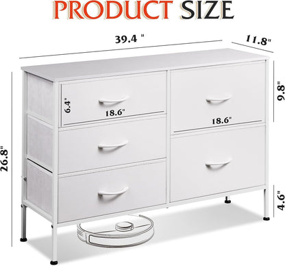 Dresser for Bedroom with 5 Drawers, Wide Bedroom Dresser with Drawer Organizers, Chest of Drawers, Fabric Dresser for Living Room, Closet, Hallway, White-2