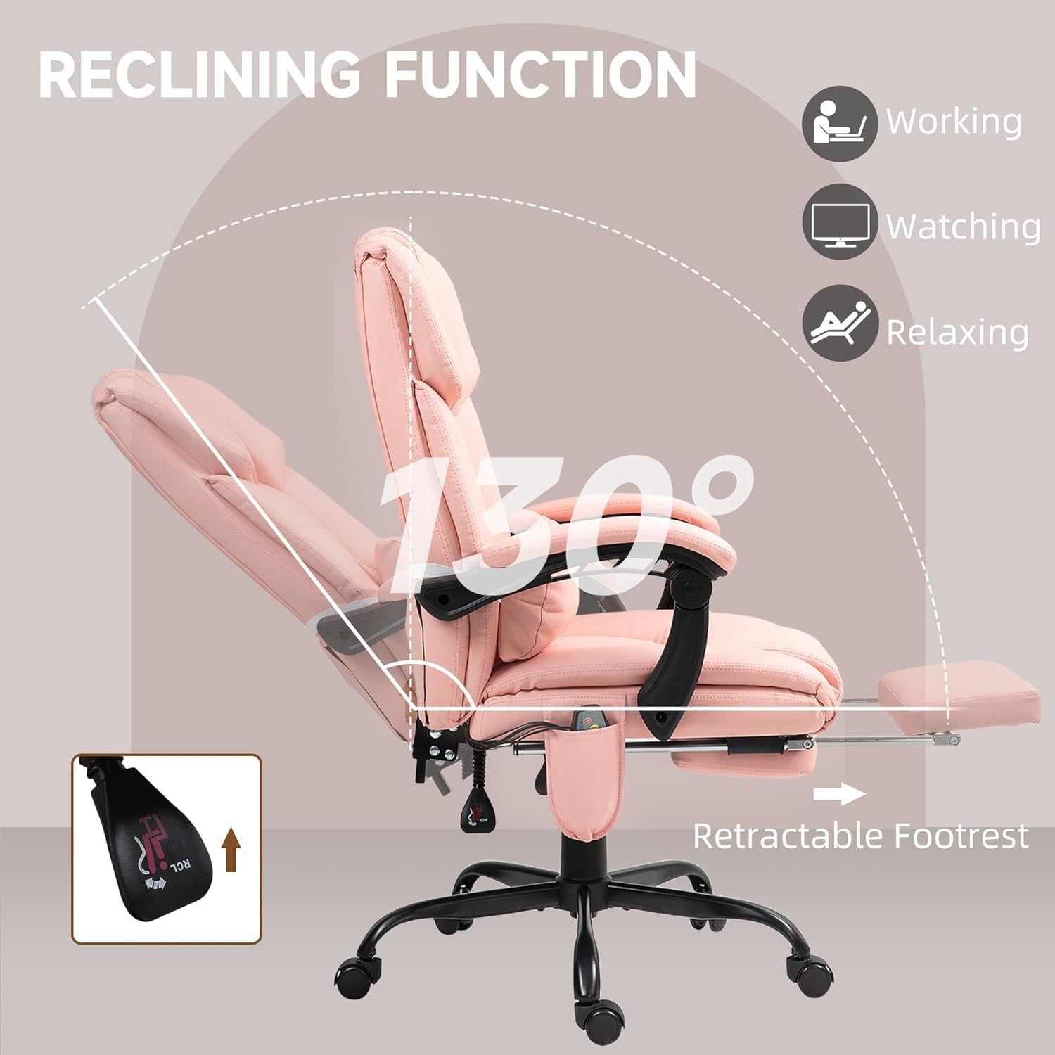 High Back Massage Office Chair with 6 Vibration Points, PU Leather Reclining Computer Chair, Ergonomic Desk Chair with Footrest Adjustable Height and Remote, Pink-4