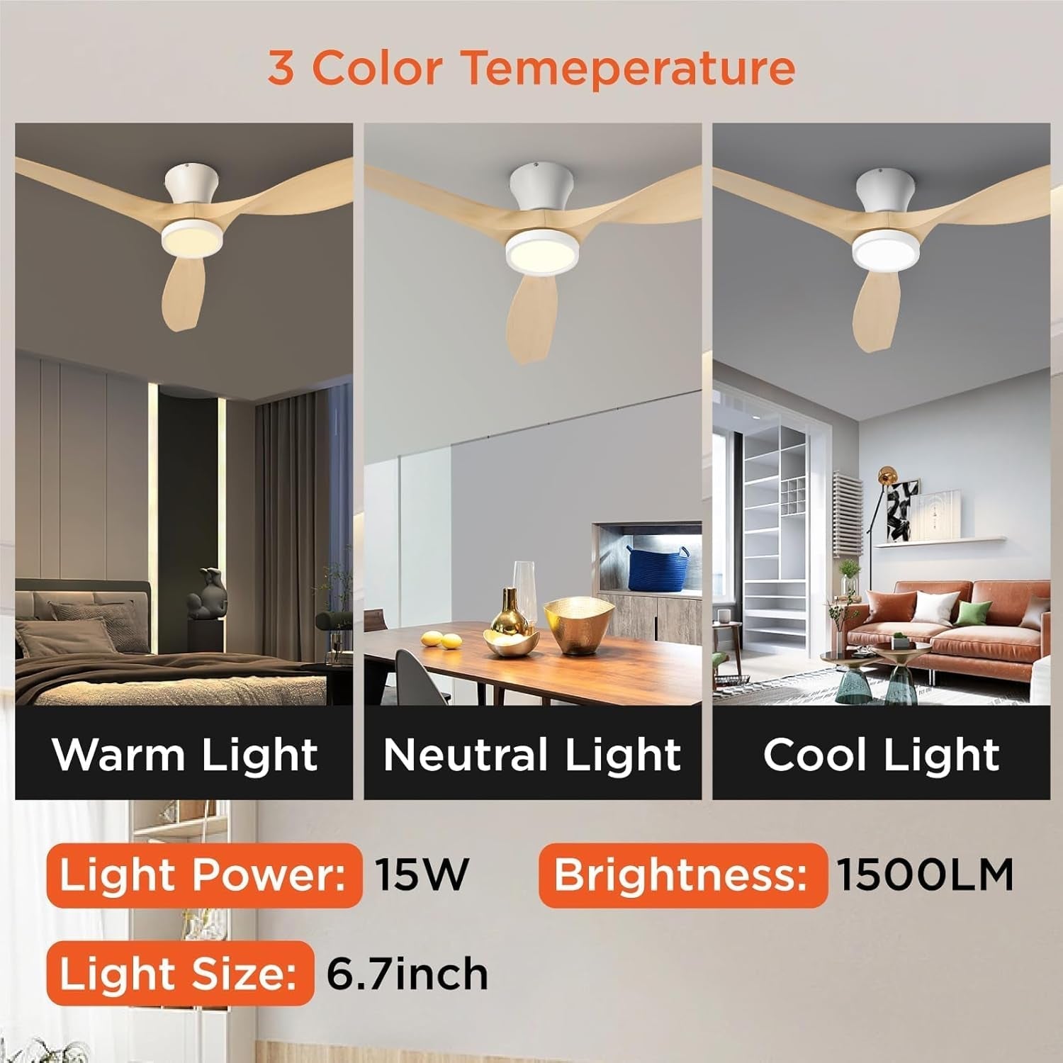 52 Inch Ceiling Fans with Lights and Remote, Flush Mount Low Profile Ceiling Fan with Reversible DC Motor ABS Blades for Bedroom Living Room Kitchen Light Oak Finish-3