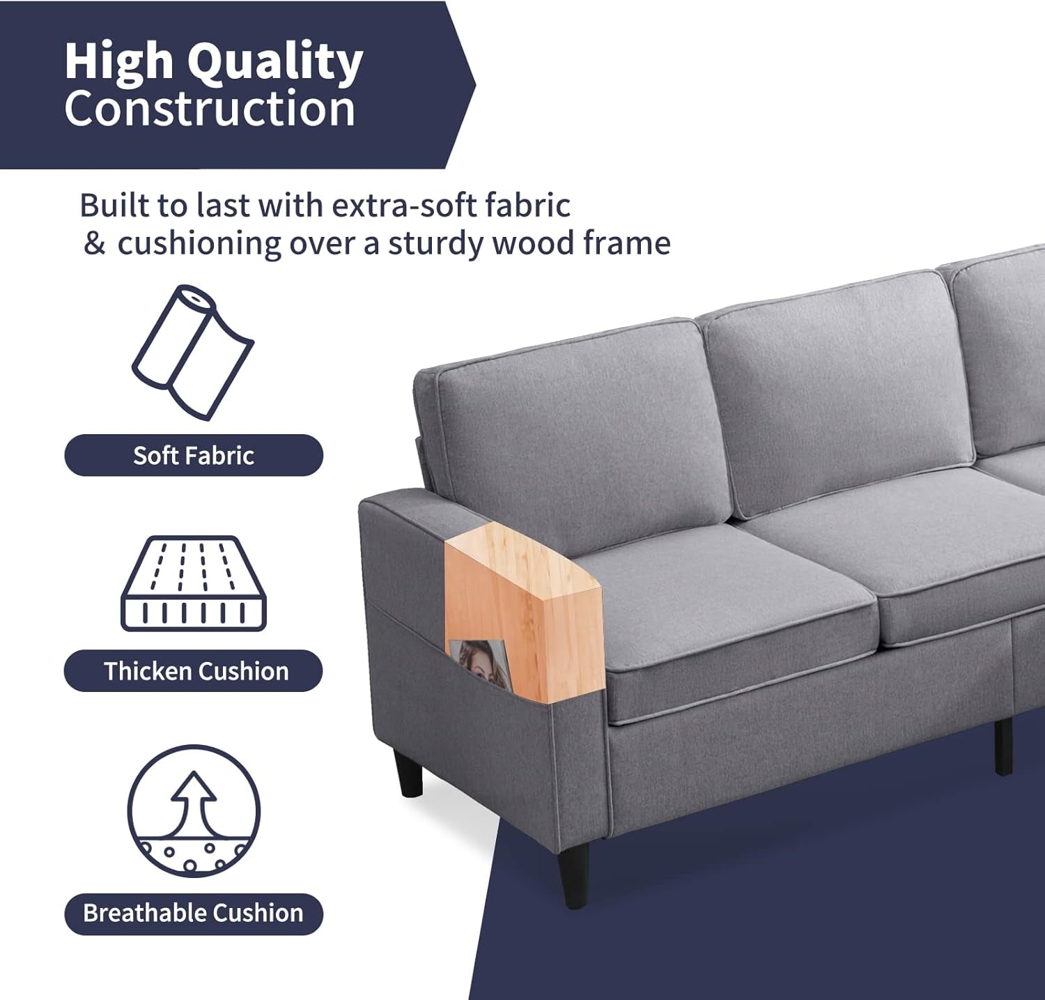 4 Pcs Sectional Sofa with Storage Ottoman for Living Room, Sectional Couches and Loveseat Sets, Living Room Furniture Set,3-Seat Sofa + Ottoman + Loveseat+ Armchair,Light Grey-3