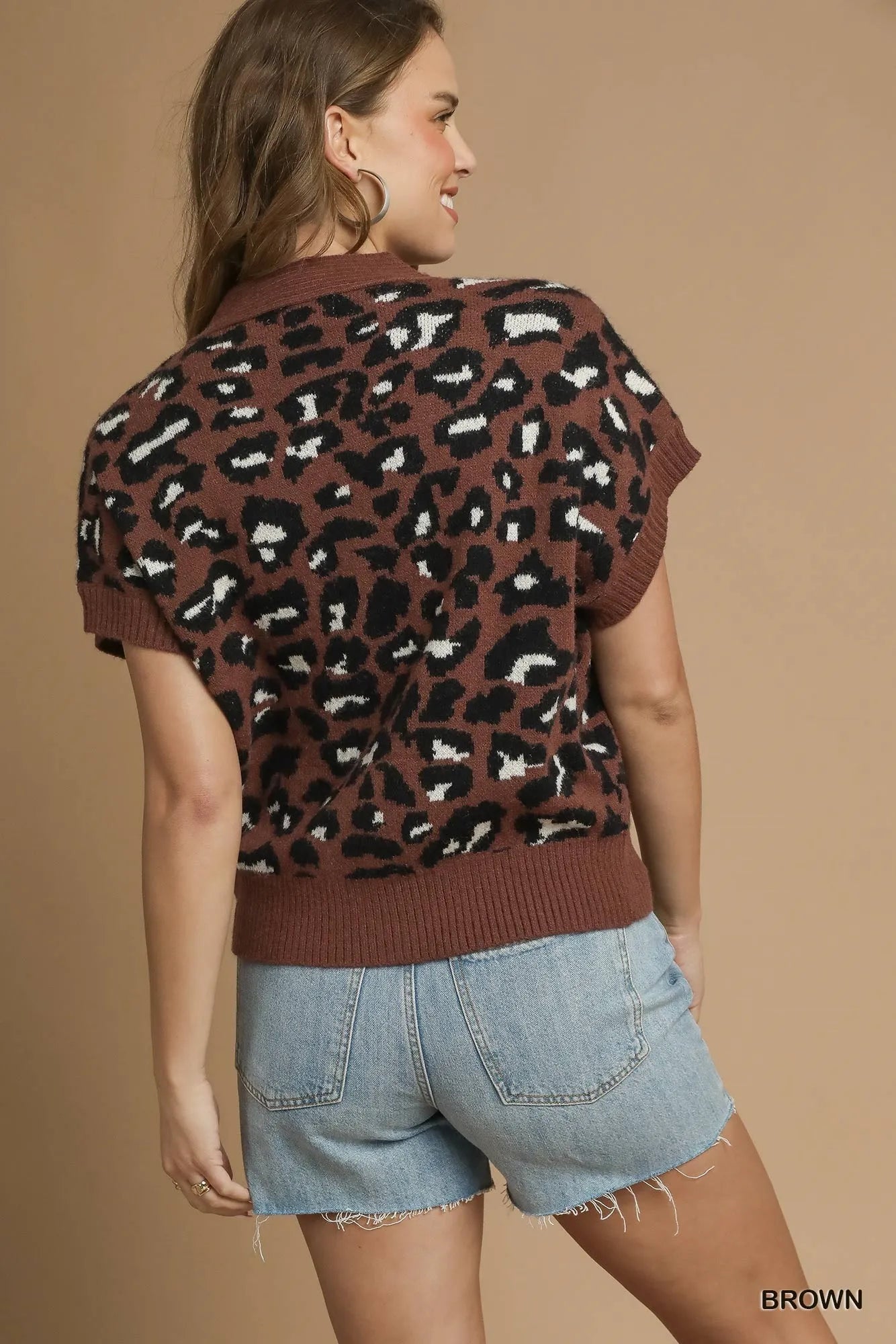 Umgee Leopard Button Down Short Sleeve Cardigan