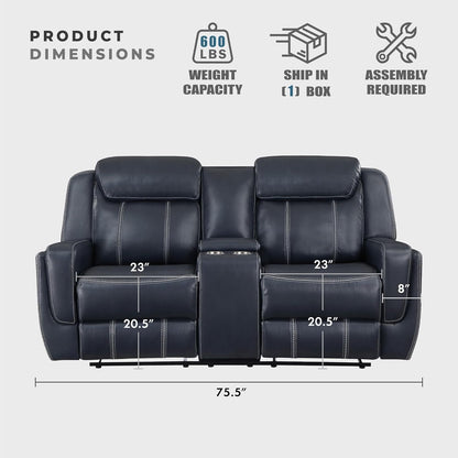 Recliner Living Room Set, Home Theater Seating, Manual Faux Leather Upholstery Recliner Sofas, RV Couch Including Double Recliner Sofa and Loveseat, 2-Piece Set, Blue-3