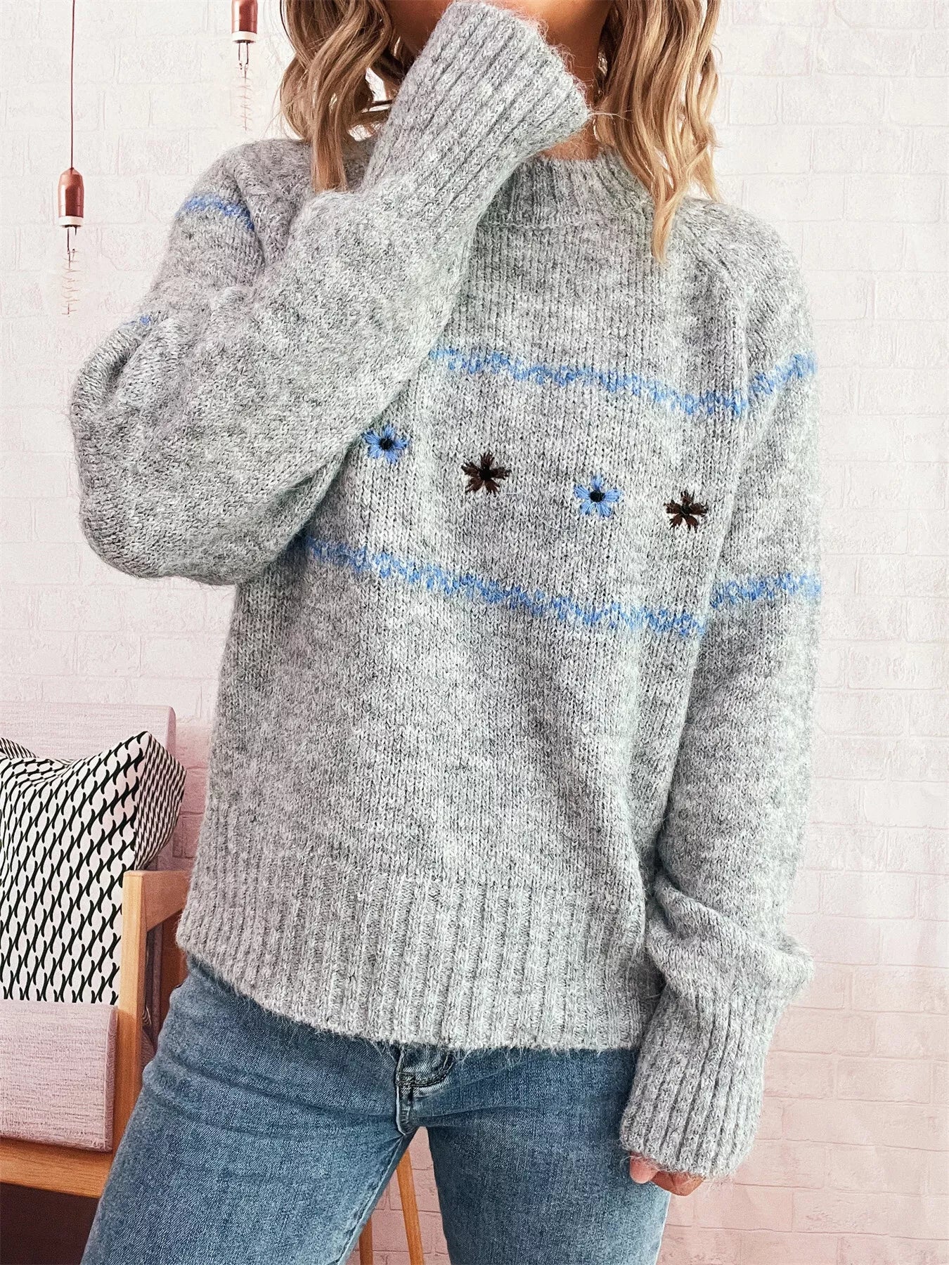 Ribbed Hem Flower Long Sleeve Sweater