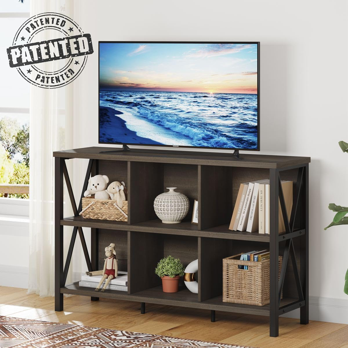 Rustic 6 Cube Storage Organizer with Shelf, Wood and Metal Cubby Bookcase, Industrial Horizontal Bookshelf for Living Room, Office (Walnut Brown, 47 Inch)-3