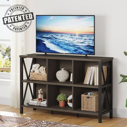 Rustic 6 Cube Storage Organizer with Shelf, Wood and Metal Cubby Bookcase, Industrial Horizontal Bookshelf for Living Room, Office (Walnut Brown, 47 Inch)-3