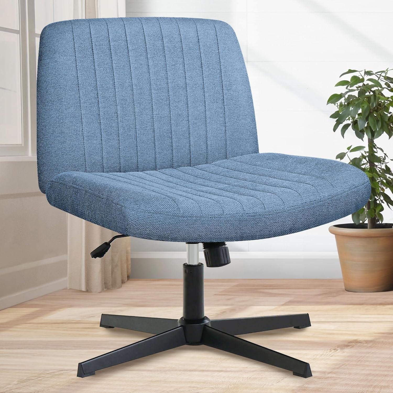Cross Legged Office Desk Chair No Wheels Fabric Padded Modern Swivel Height Adjustable Wide Seat Computer Task Vanity Chair for Home Office Mid Back Accent Chair (Blue)-0