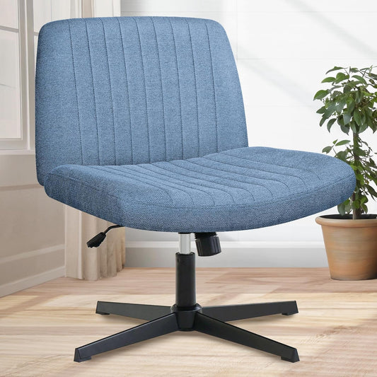 Cross Legged Office Desk Chair No Wheels Fabric Padded Modern Swivel Height Adjustable Wide Seat Computer Task Vanity Chair for Home Office Mid Back Accent Chair (Blue)-0