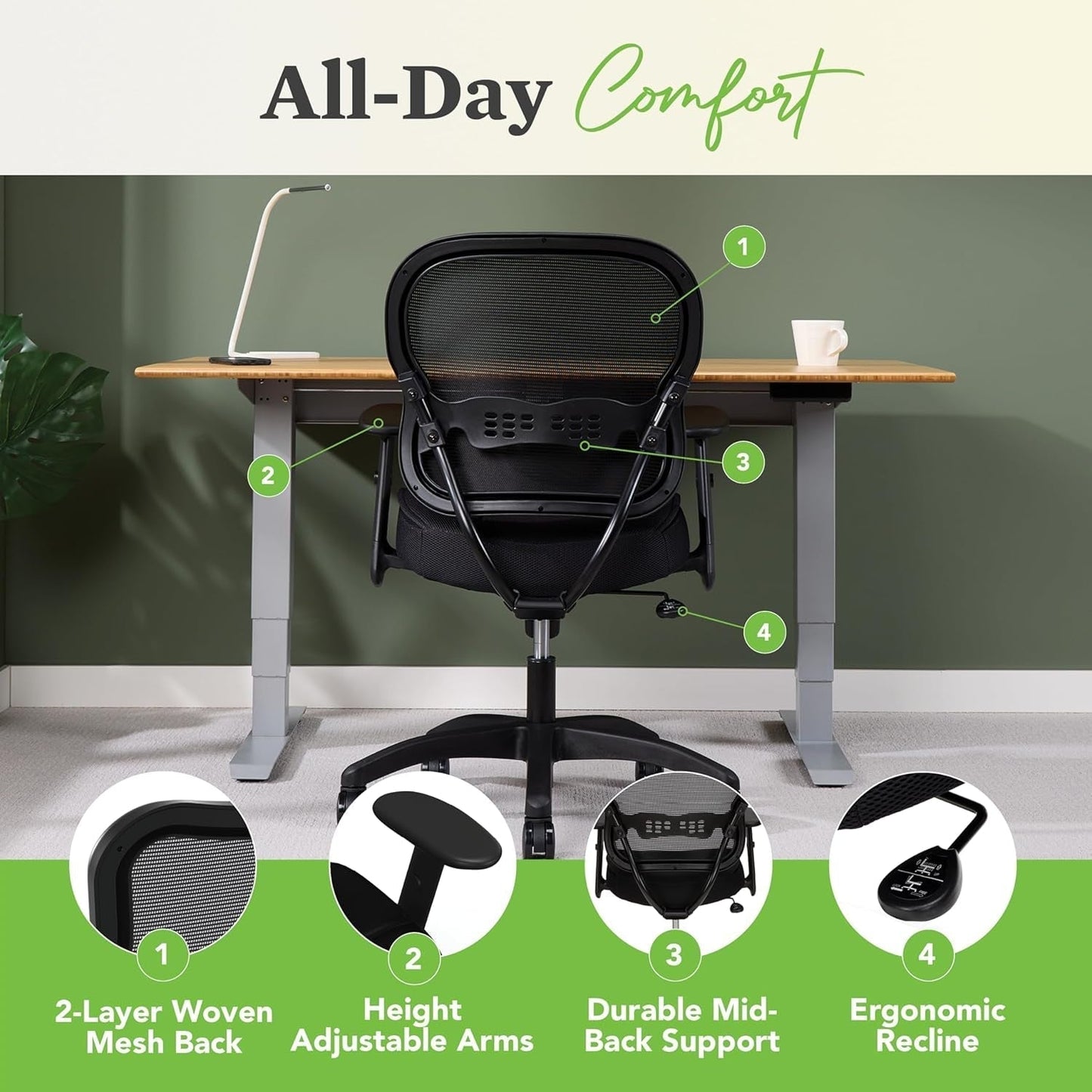Wave Home Office Desk Chair - Office Chair Ergonomic Desk Chair - Ergonomic Mesh Office Chair, Mid Back, Adjustable Arms, Lumbar Support, Synchro-Tilt, Cushion, 360 Swivel Wheels-3