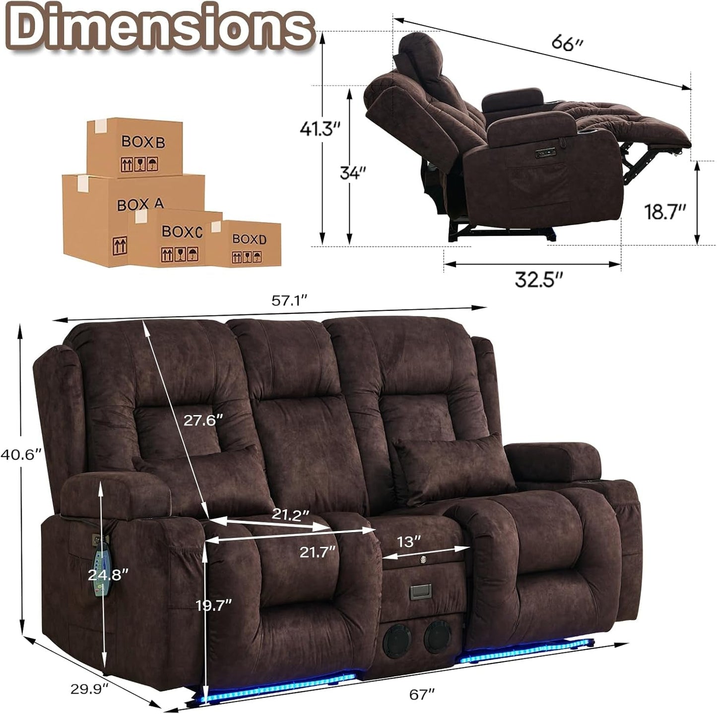Power Loveseat Recliner Sofa with Massage & Heat Home Theater Seating with Console RV Recliner Loveseat Sofa with Usb/Outlet/Storage/Side Pocket/Led Light/Speaker (Velvet, Brown)-1