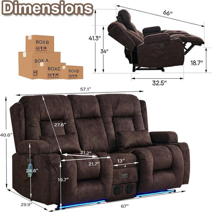 Power Loveseat Recliner Sofa with Massage & Heat Home Theater Seating with Console RV Recliner Loveseat Sofa with Usb/Outlet/Storage/Side Pocket/Led Light/Speaker (Velvet, Brown)-1