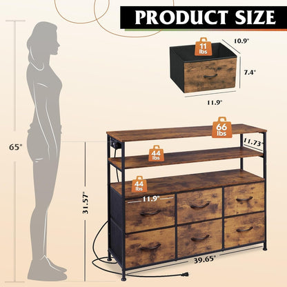 Led Dresser TV Stand for Bedroom, Entertainment Center with LED Lights and Power Outlet, 6 Drawer Dressers with Double Open Shelves, Rustic Brown TV Stands-2