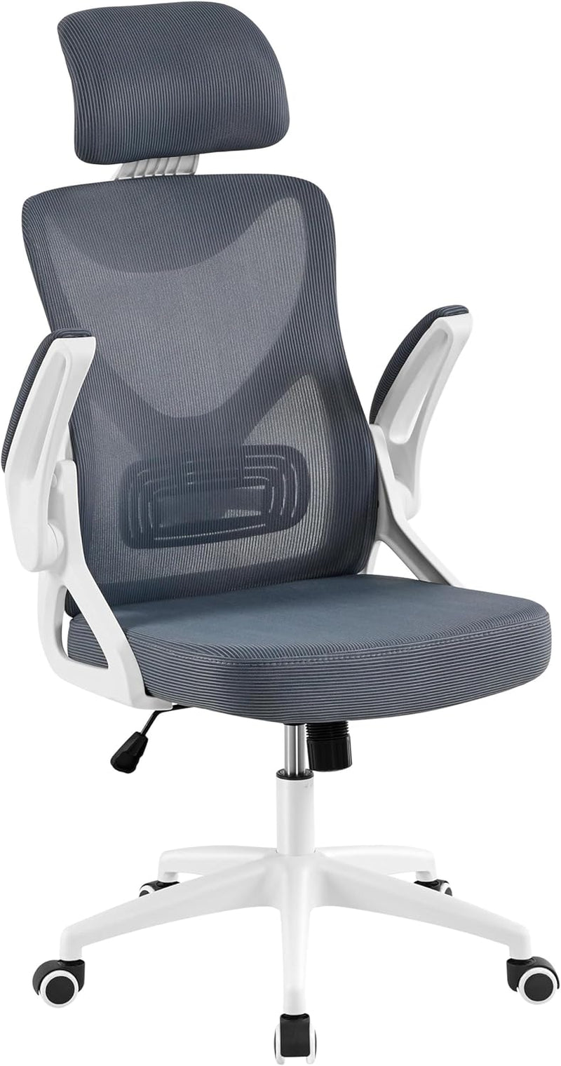 Ergonomic Mesh Office Chair, High Back Desk Chair with with Flip-Up Armrests, Adjustable Padded Headrest Computer Chair with Lumbar Support for Home Oiffce Game Room, White/Gray-0