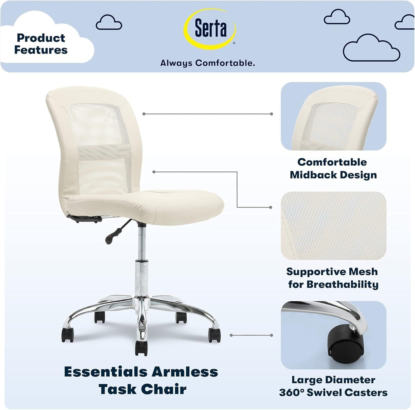 Essential Armless Deskchair, Small Task Chair with Wheels, Breathable Mesh Back, quality Foam Cushion Seat for Comfort, Functional, Lightweight and Versatile, Cream White-3
