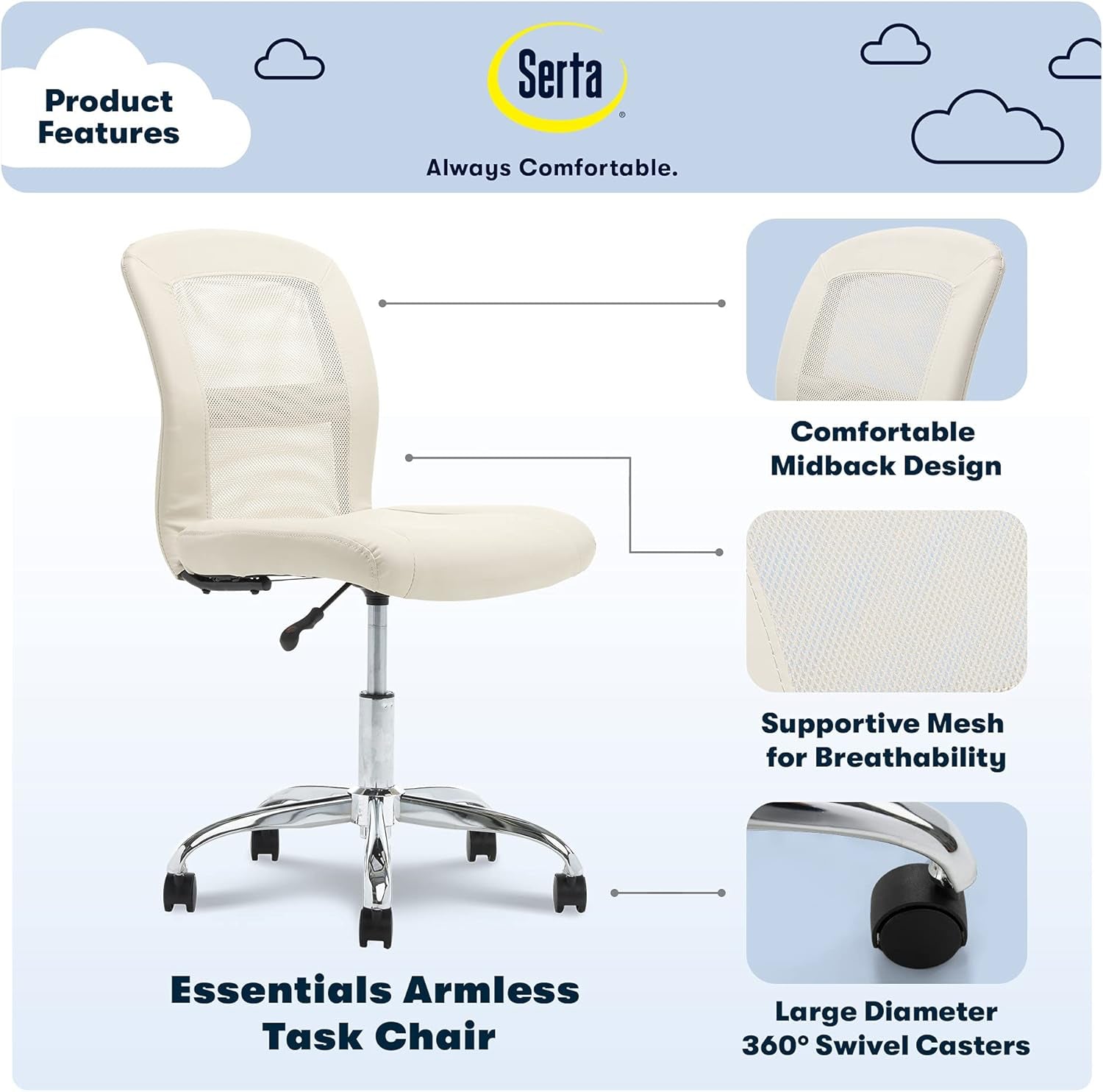Essential Armless Deskchair, Small Task Chair with Wheels, Breathable Mesh Back, quality Foam Cushion Seat for Comfort, Functional, Lightweight and Versatile, Cream White-3
