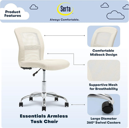 Essential Armless Deskchair, Small Task Chair with Wheels, Breathable Mesh Back, quality Foam Cushion Seat for Comfort, Functional, Lightweight and Versatile, Cream White-3