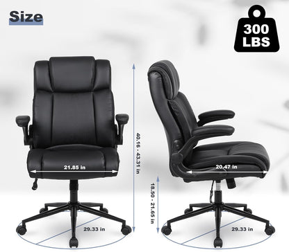 Black Leather Office Chair, Flip-Up Arms, Lumbar, Wheels-2