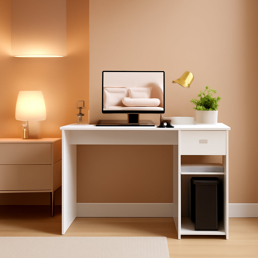 White Desk & Black Mesh Chair Set, Adjustable-0