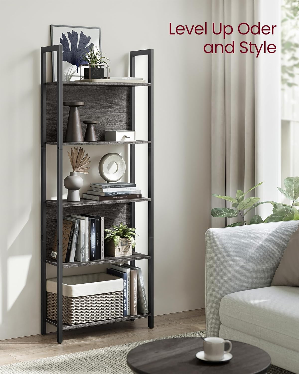 5-Tier Bookshelf, Book Shelf, Industrial Bookcase, with Steel Frame, for Living Room, Home Office, Bedroom, 9.4 X 24.4 X 65 Inches, Charcoal Gray and Black ULLS025B04-3