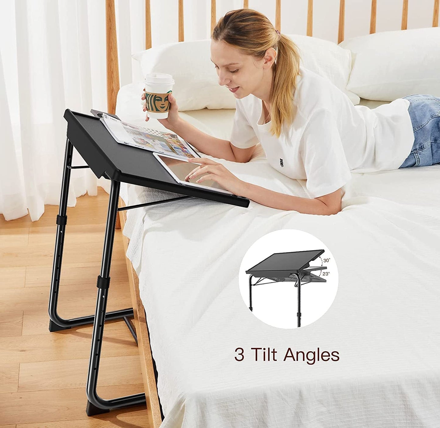 Adjustable TV Tray Table - TV Dinner Tray on Bed & Sofa, Comfortable Folding Table with 6 Height & 3 Tilt Angle Adjustments (Black)-4