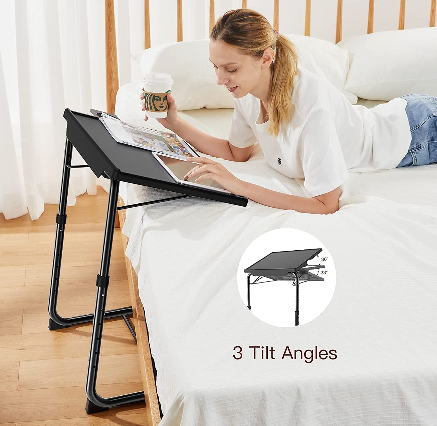 Adjustable TV Tray Table - TV Dinner Tray on Bed & Sofa, Comfortable Folding Table with 6 Height & 3 Tilt Angle Adjustments (Black)-4