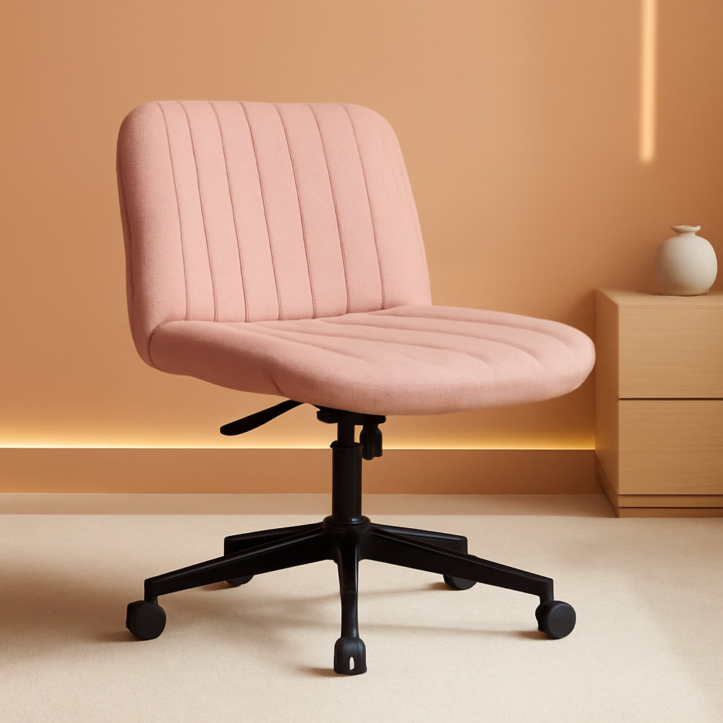 Criss Cross Chair with Wheels, Armless Cross Legged Office Desk Chair, Wide Comfy Vanity Rolling Swivel Modern Comfortable Fabric Computer Task Chairs for Home Office (Pink)-0