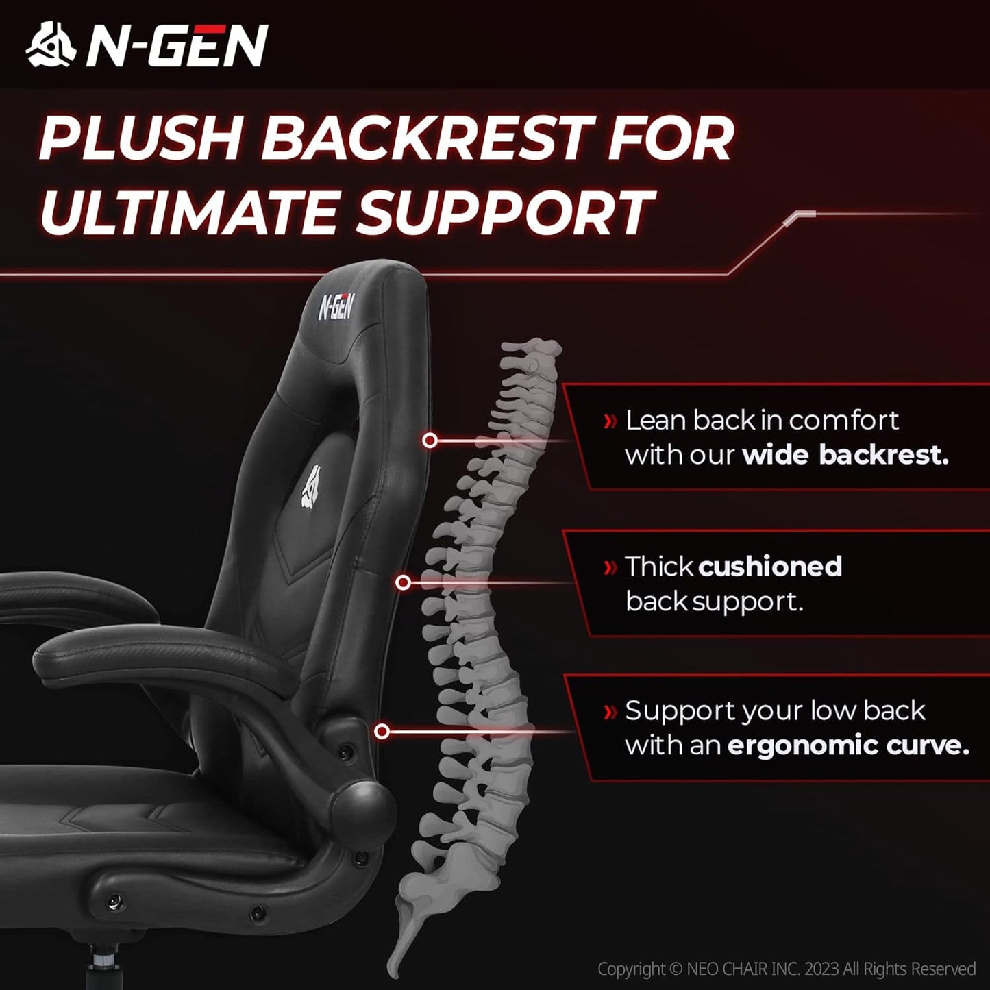 N-GEN Video Gaming Computer Chair Ergonomic Office Chair Desk Chair with Lumbar Support Flip up Arms Adjustable Height Swivel PU Leather Executive with Wheels for Adults Women Men (Black)-1