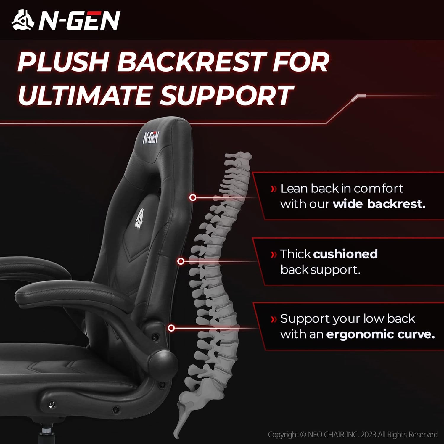 N-GEN Video Gaming Computer Chair Ergonomic Office Chair Desk Chair with Lumbar Support Flip up Arms Adjustable Height Swivel PU Leather Executive with Wheels for Adults Women Men (Black)-1