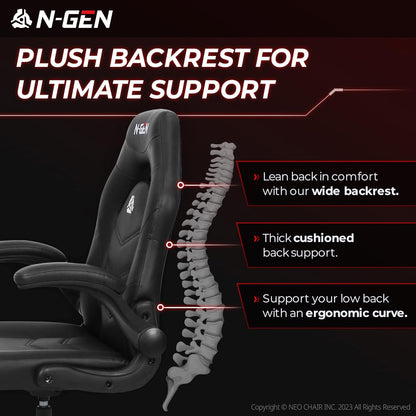 N-GEN Video Gaming Computer Chair Ergonomic Office Chair Desk Chair with Lumbar Support Flip up Arms Adjustable Height Swivel PU Leather Executive with Wheels for Adults Women Men (Black)-1