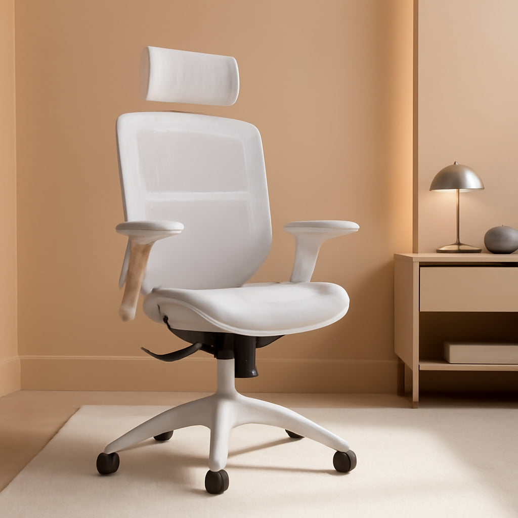 White Mesh Ergonomic Office Chair, Headrest, Tilt, 400LBS-0