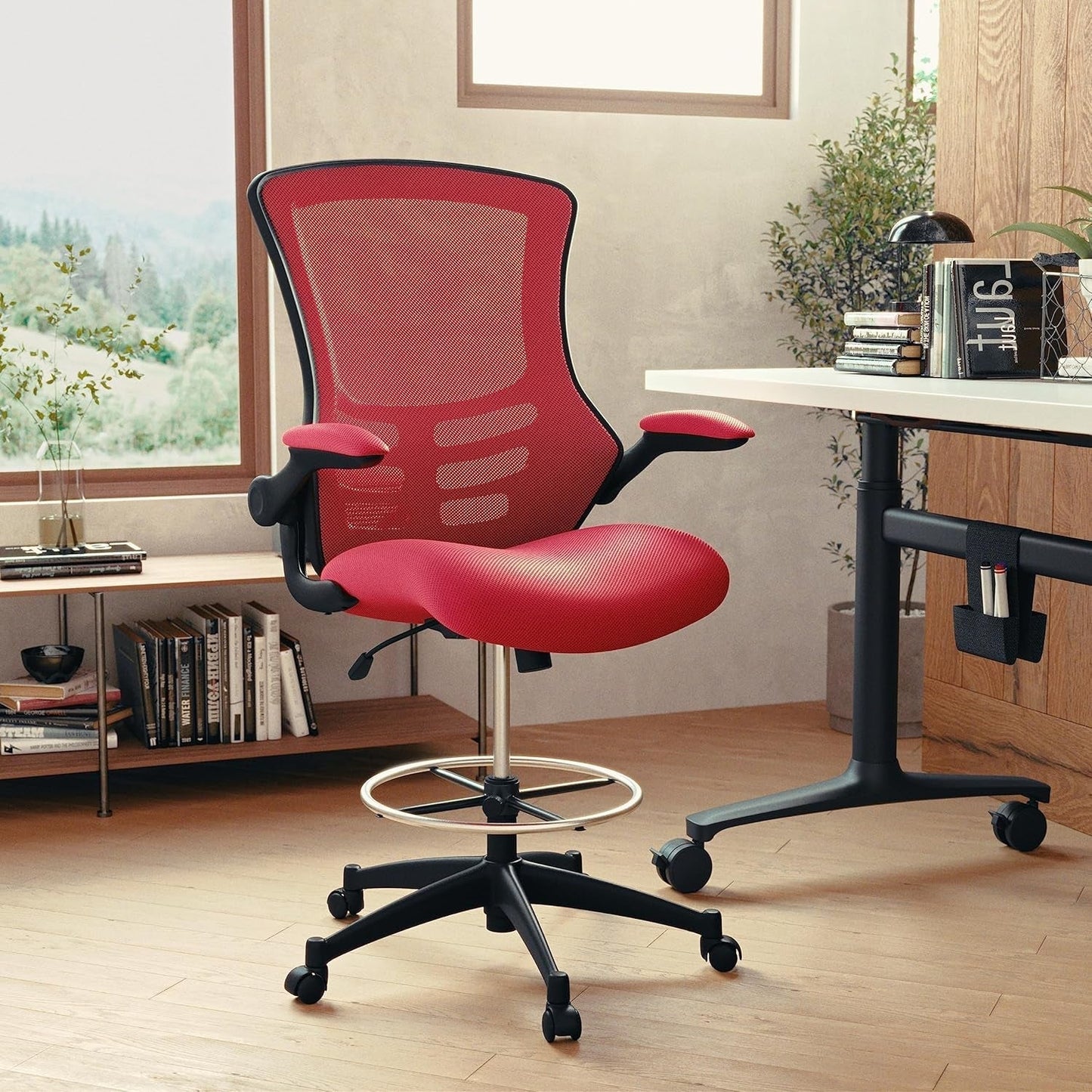 Kelista Mid-Back Swivel Office Chair with Adjustable Seat Height, Ergonomic Mesh Desk Chair with Flip-Up Armrests, Red-1