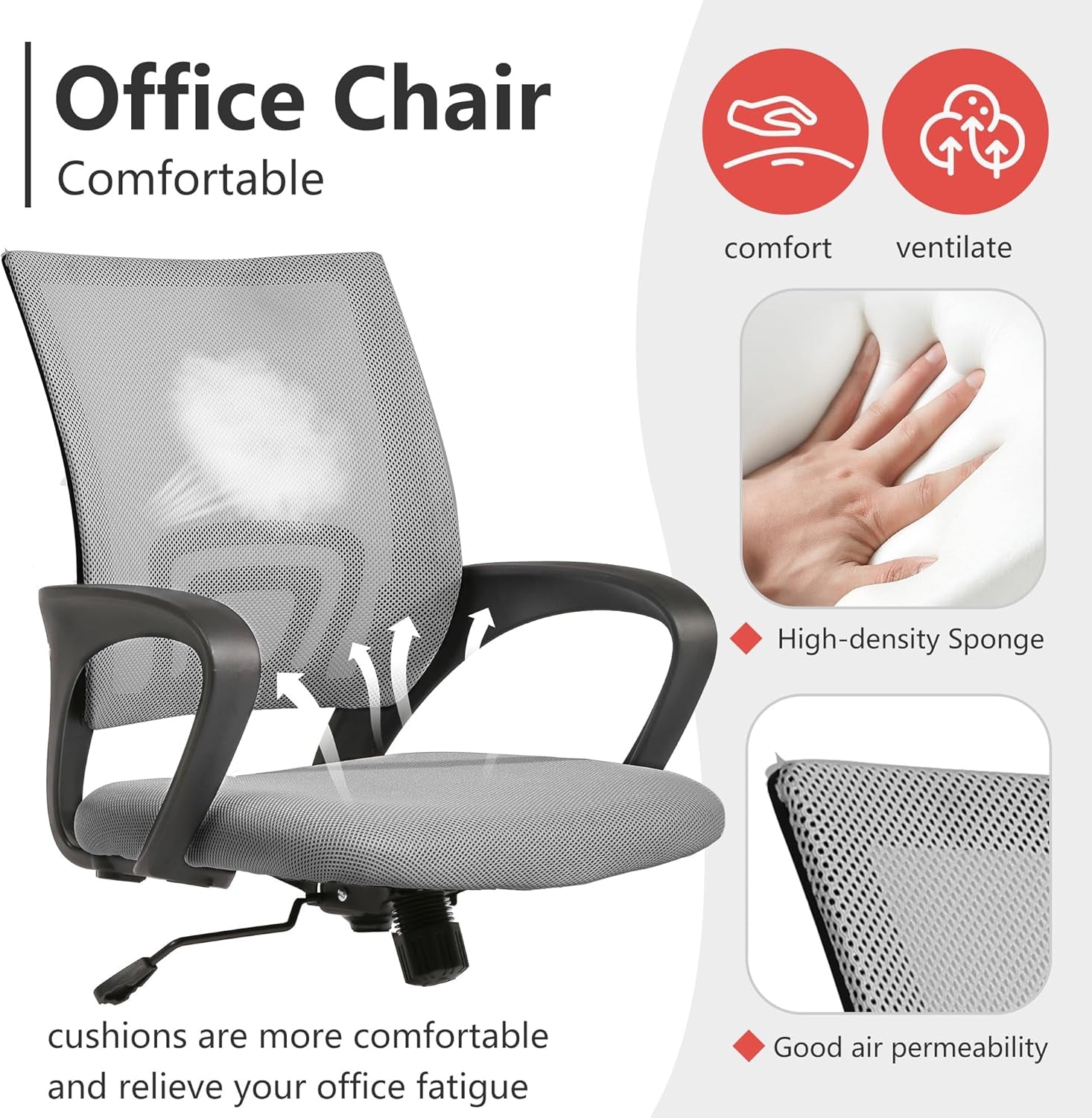 Office Chair Computer Chair Ergonomic Cheap Desk Chair Adjustable Comfortable Mid Back Task Rolling Swivel Chair with Lumbar Support for Home Office Desk (Grey)-4