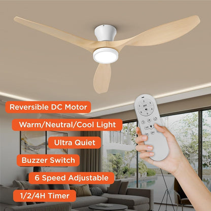 52 Inch Ceiling Fans with Lights and Remote, Flush Mount Low Profile Ceiling Fan with Reversible DC Motor ABS Blades for Bedroom Living Room Kitchen Light Oak Finish-1