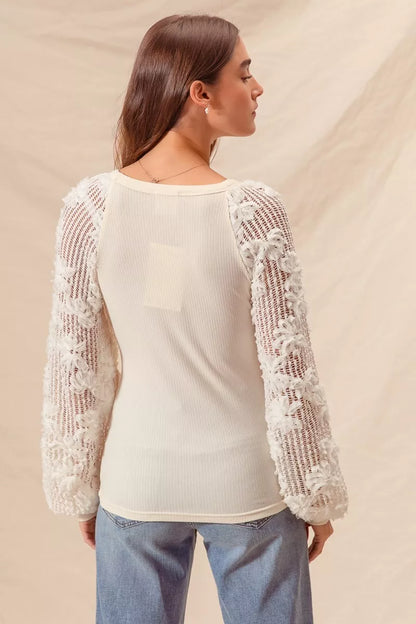 SO ME Rib Knit Top with Lace Balloon Sleeves