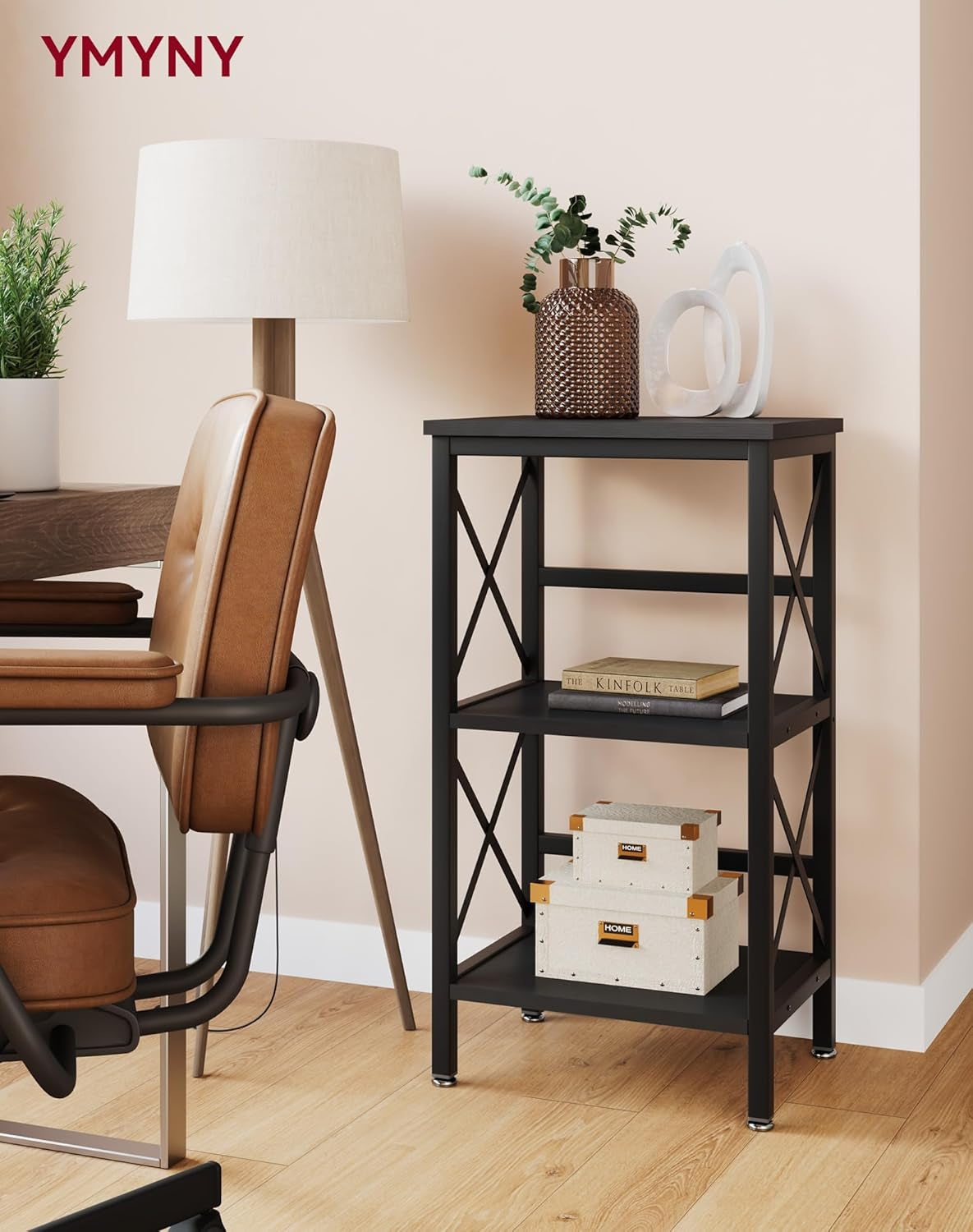 3 Tiers Bookcase, Industrial Metal Bookshelf with Side Fence, Storage Organizer for Living Room, Home Office, Bedroom, Display Racks, Sofa Side Table, 29.5 * 15.75 * 11.4", Black UHST008B-1