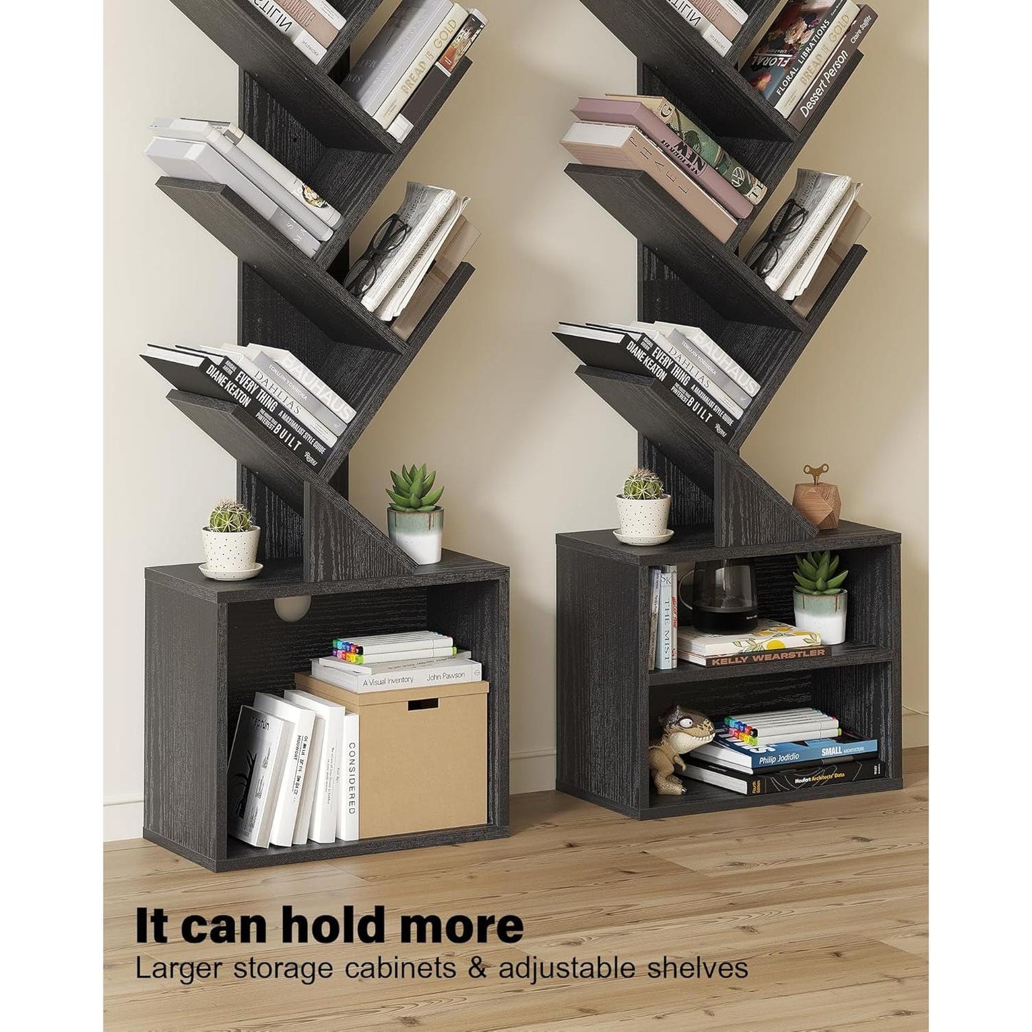 6 Tier Tree Bookshelf, Small Bookcase with Storage Cabinet, Modern Narrow Bookshelves Organizer, Floor Standing Book Shelf for Bedroom/Living Room/Home Office/Corner, Black-3
