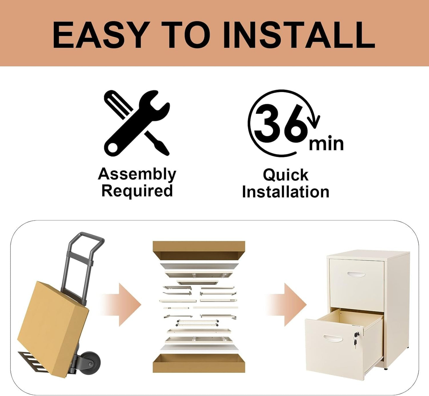 Metal 2 Drawer File Cabinet, Vertical File Cabinet with Lock, Filing Cabinets for Hanging Letter Size, Cream Locking File Cabin, Light Duty Storage Cabinet for Home Office - Assembly Required-3