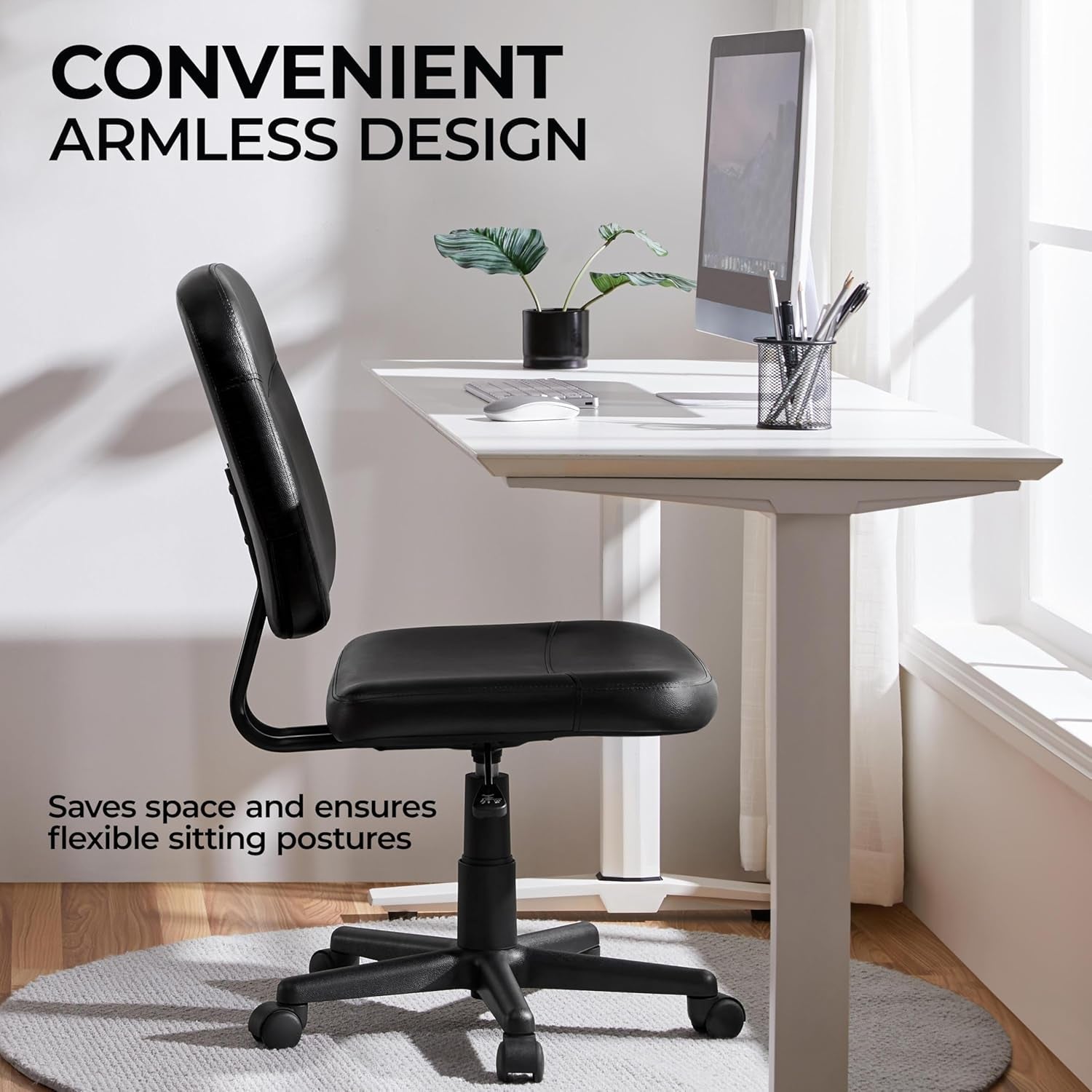 Armless Office Chair Ergonomic Desk Chair Low Back PU Leather Adjustable Swivel Chair Computer Task Chair, Black-3