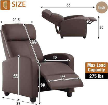 Recliner Chair Single Reclining Sofa Leather Chair Home Theater Seating Living Room Lounge Chaise with Padded Seat Backrest (Brown)-2